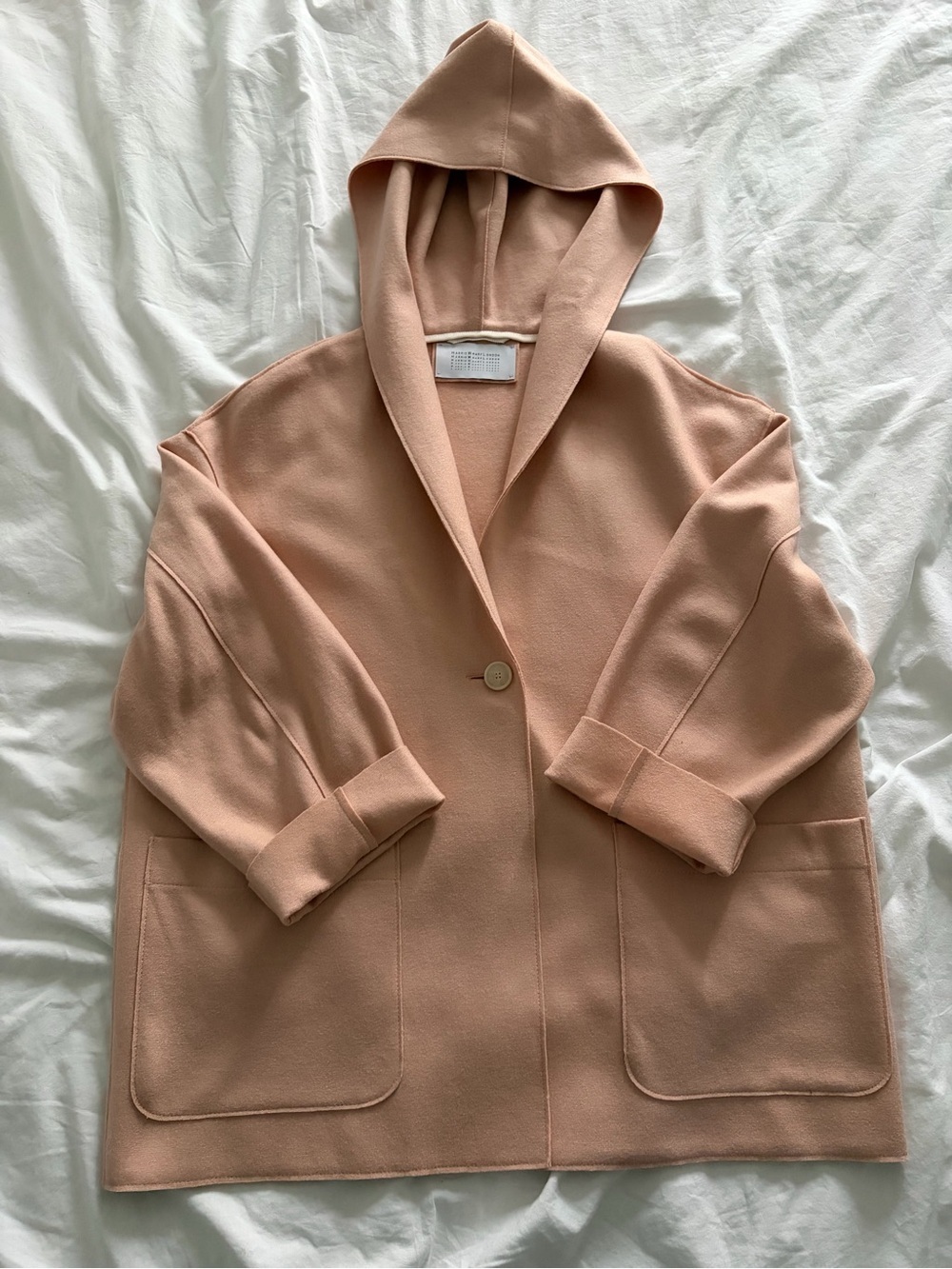 Harris Wharf London Blush Pink Hooded Single-Button 100% Virgin Wool Wrap Coat